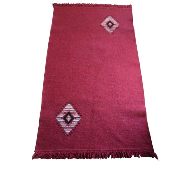 Hand Woven Reversible Red Multicolor Wool Rug with Diamond Pattern Fringed Edge - Picture 2 of 13